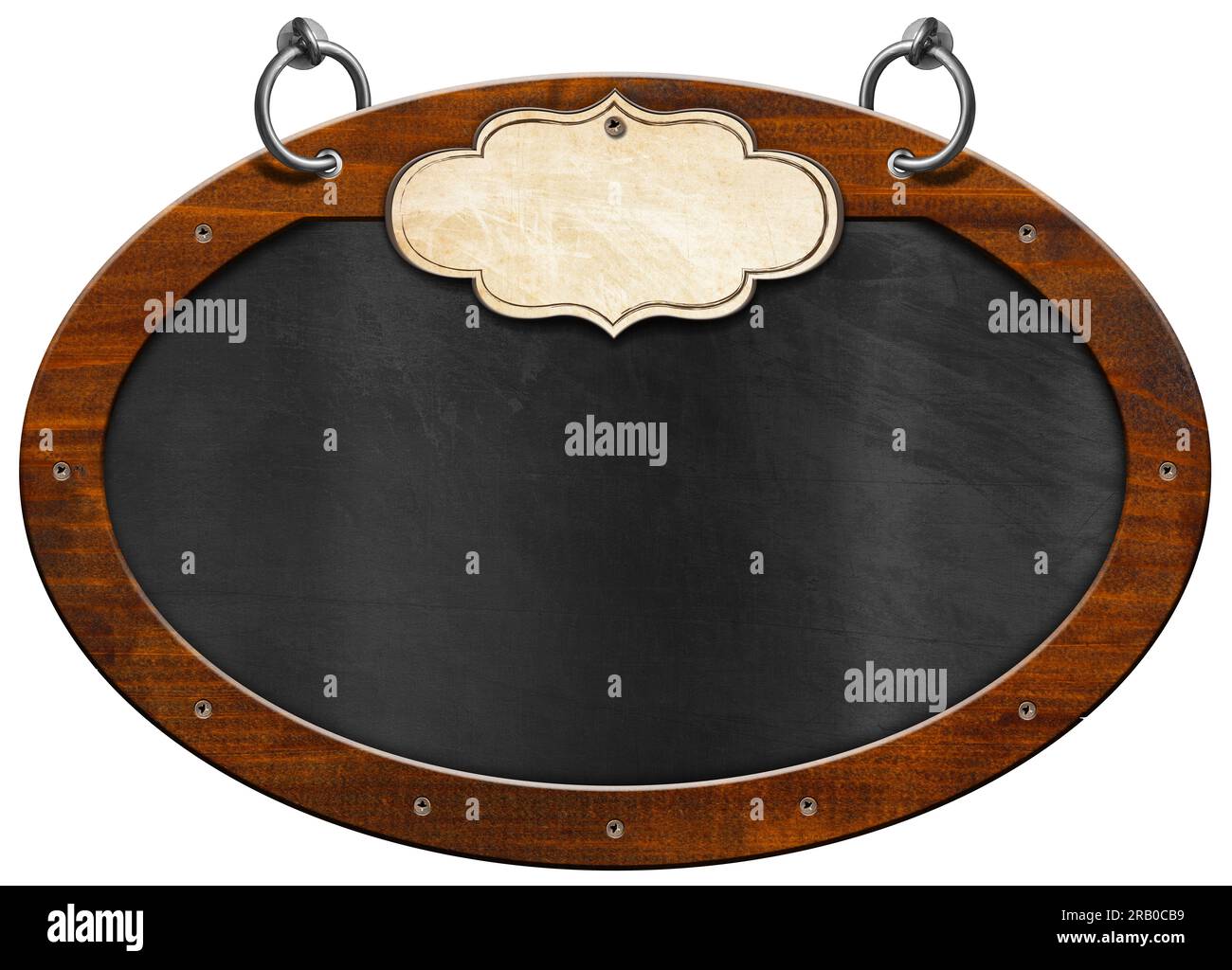 Blank blackboard with wooden oval frame (ellipse shape) and empty label. Steel rings for hanging. Isolated on white background, copy space, template. Stock Photo