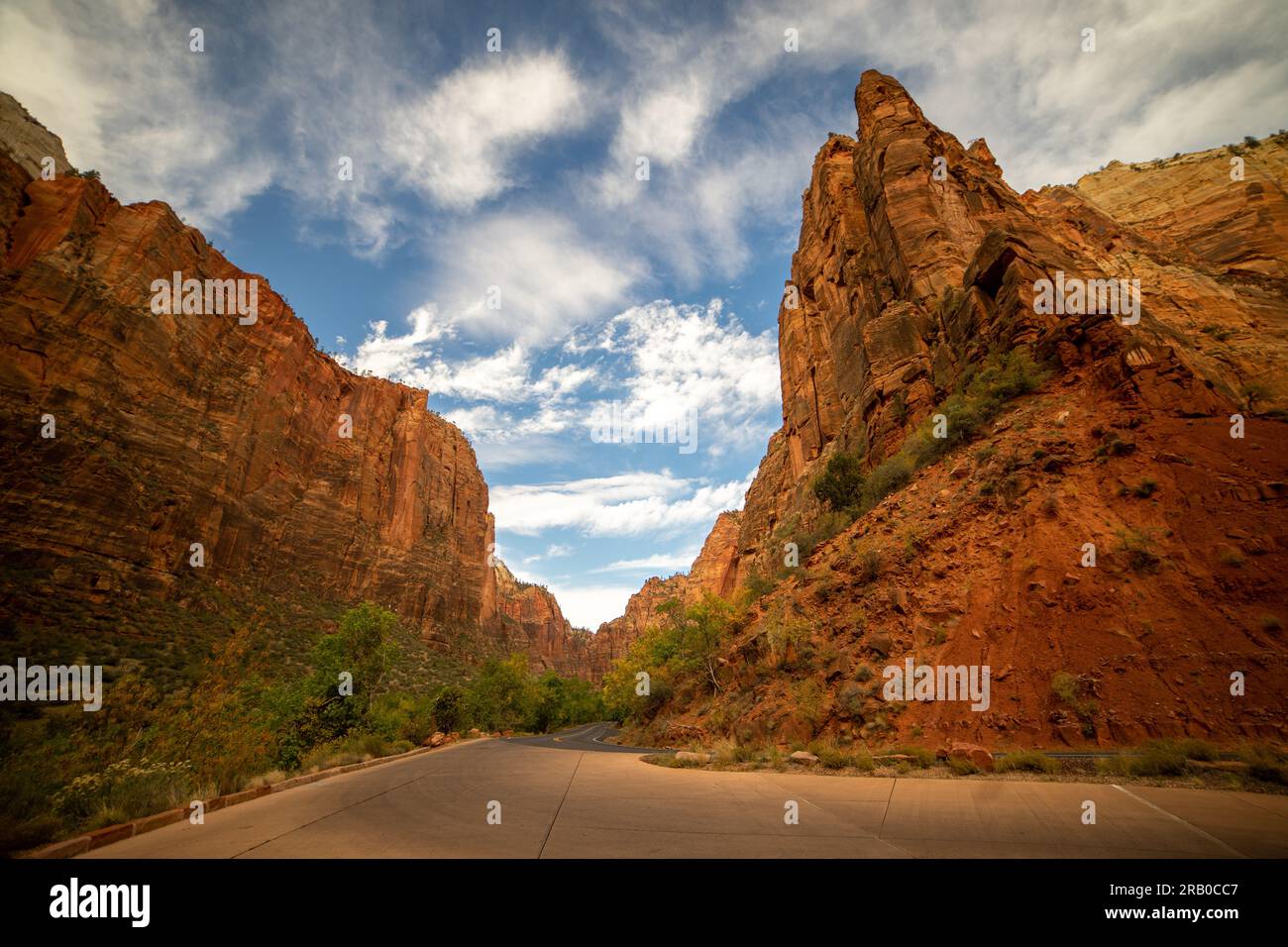 Zion Canyon Scenic Drive with dramatic clouds in evening | Zion National Park, Utah, USA Stock Photo