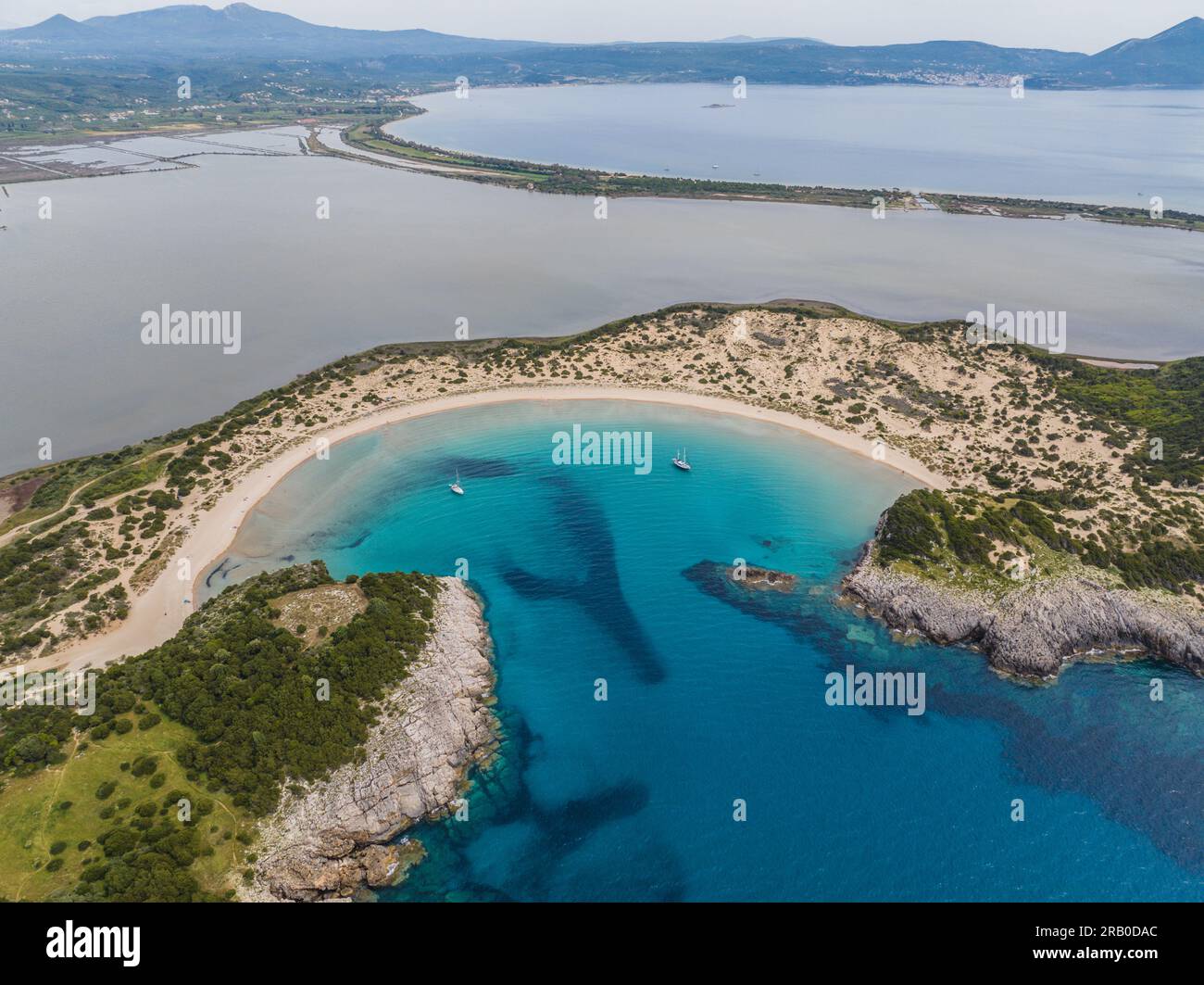 Aerial view of Voidokilia beach in Messinia, Greece Stock Photo