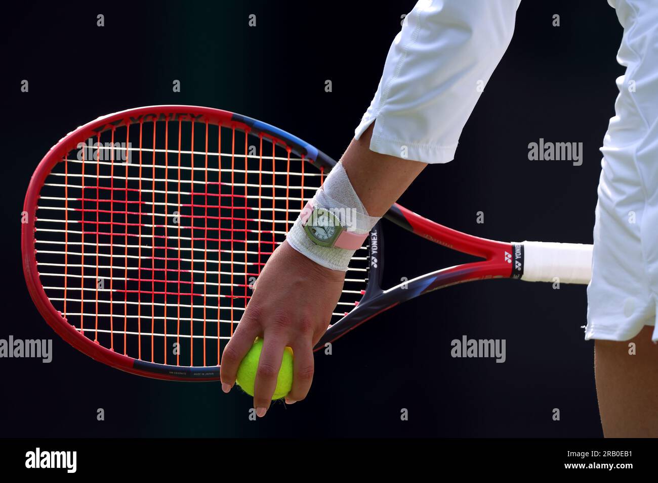 Detailed view of the F.P. Journe watch worn by Donna Vekic during her match against Sloane Stephens (not pictured) on day four of the 2023 Wimbledon Championships at the All England Lawn Tennis and Croquet Club in Wimbledon. Picture date: Thursday July 6, 2023. Stock Photo