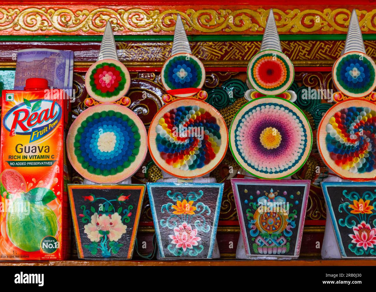 Offerings in Thiksey monastery, Ladakh, Thiksey, India Stock Photo