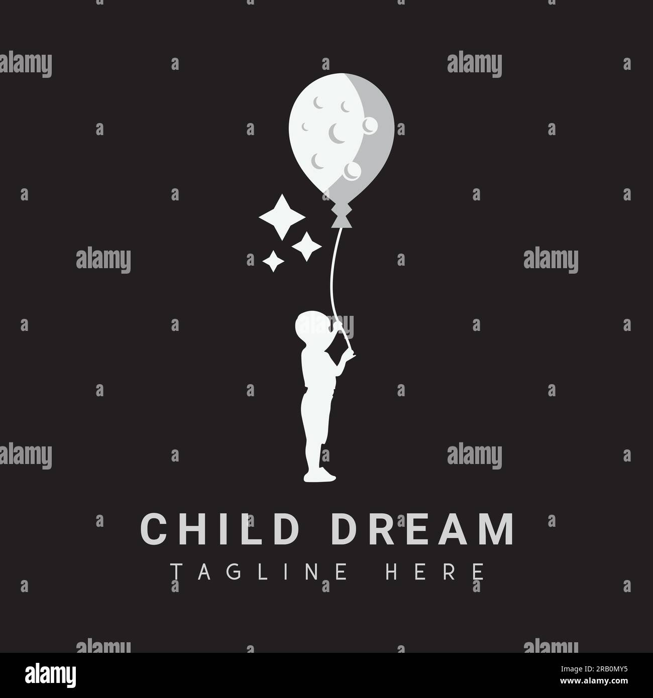 Child Reaching Dream Logo Design Moon and Stars Logotype Kid Holding Balloon Stock Vector