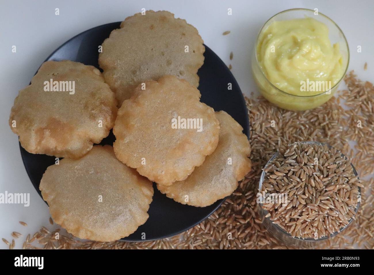 Khapli wheat puris. Deep fried Indian flatbread made of emmer wheat