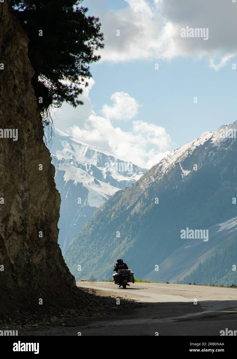 Motorbike in the mountain, Jammu and Kashmir, Sonamarg, India Stock