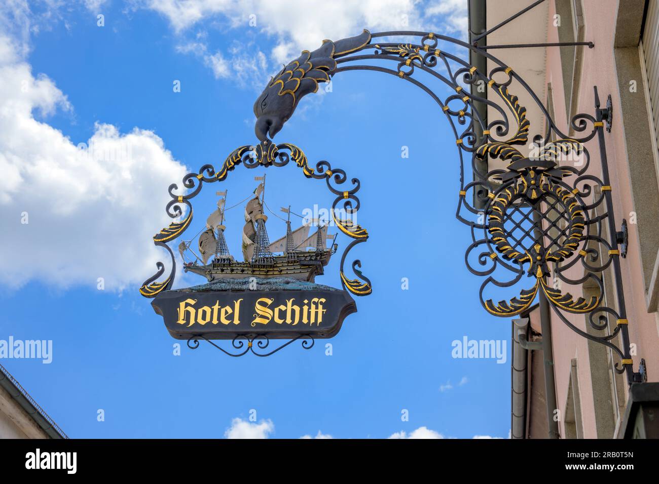 Germany, Baden-Württemberg, Rastatt, wrought iron sign 'Hotel Schiff'. Stock Photo