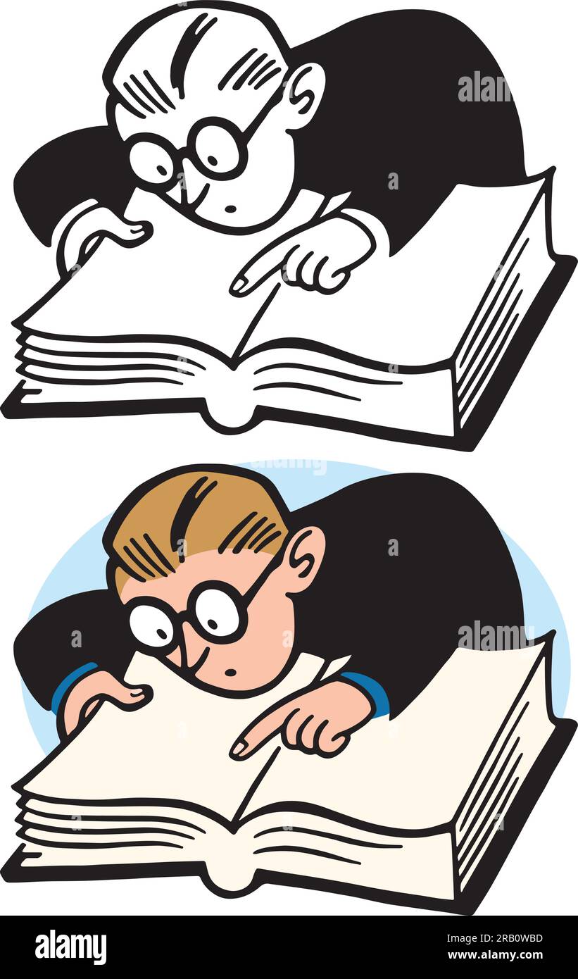 A vintage retro cartoon of a man looking up something in a book. Stock Vector