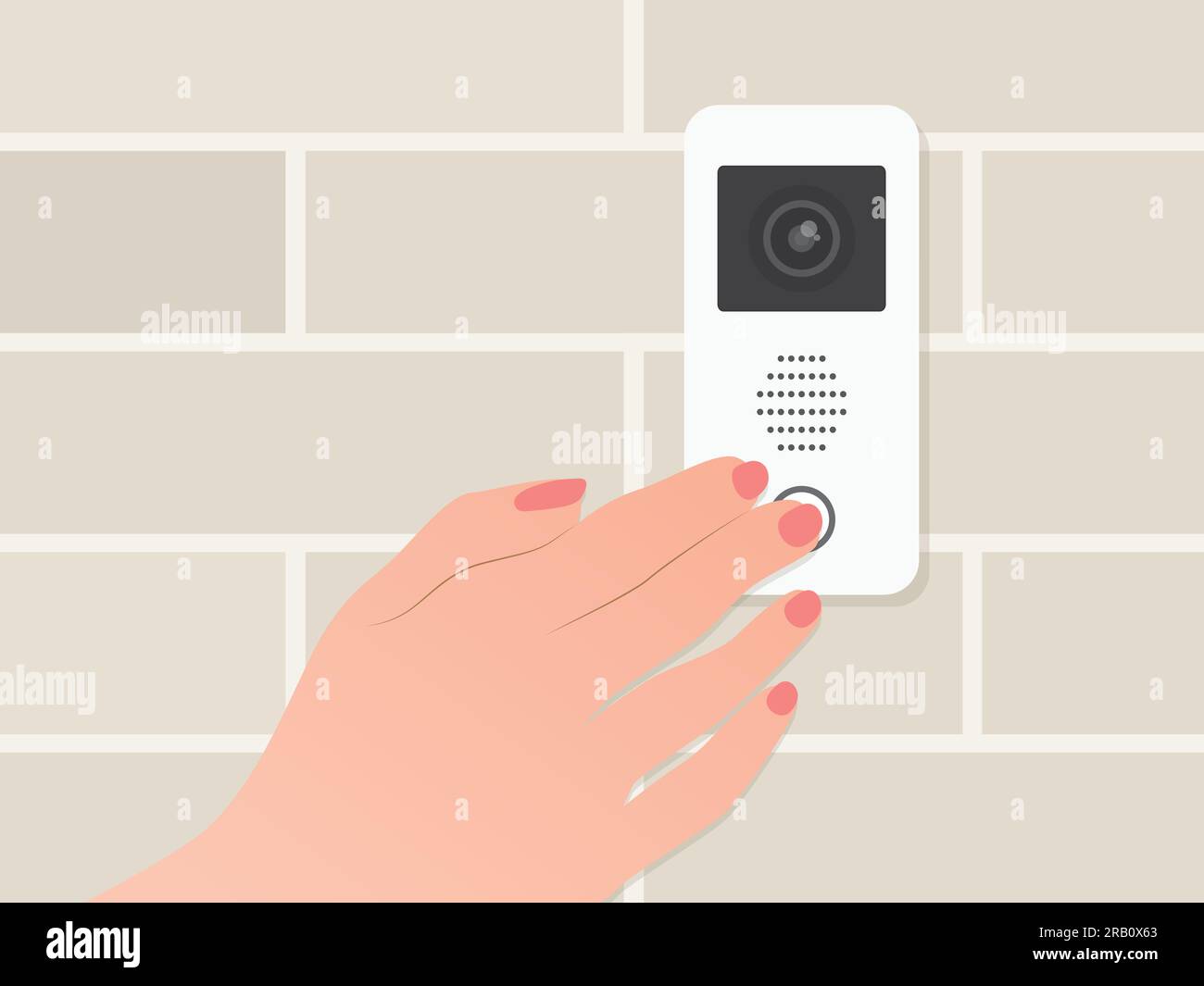 woman hand pressing the house intercom with camera- vector illustration Stock Vector