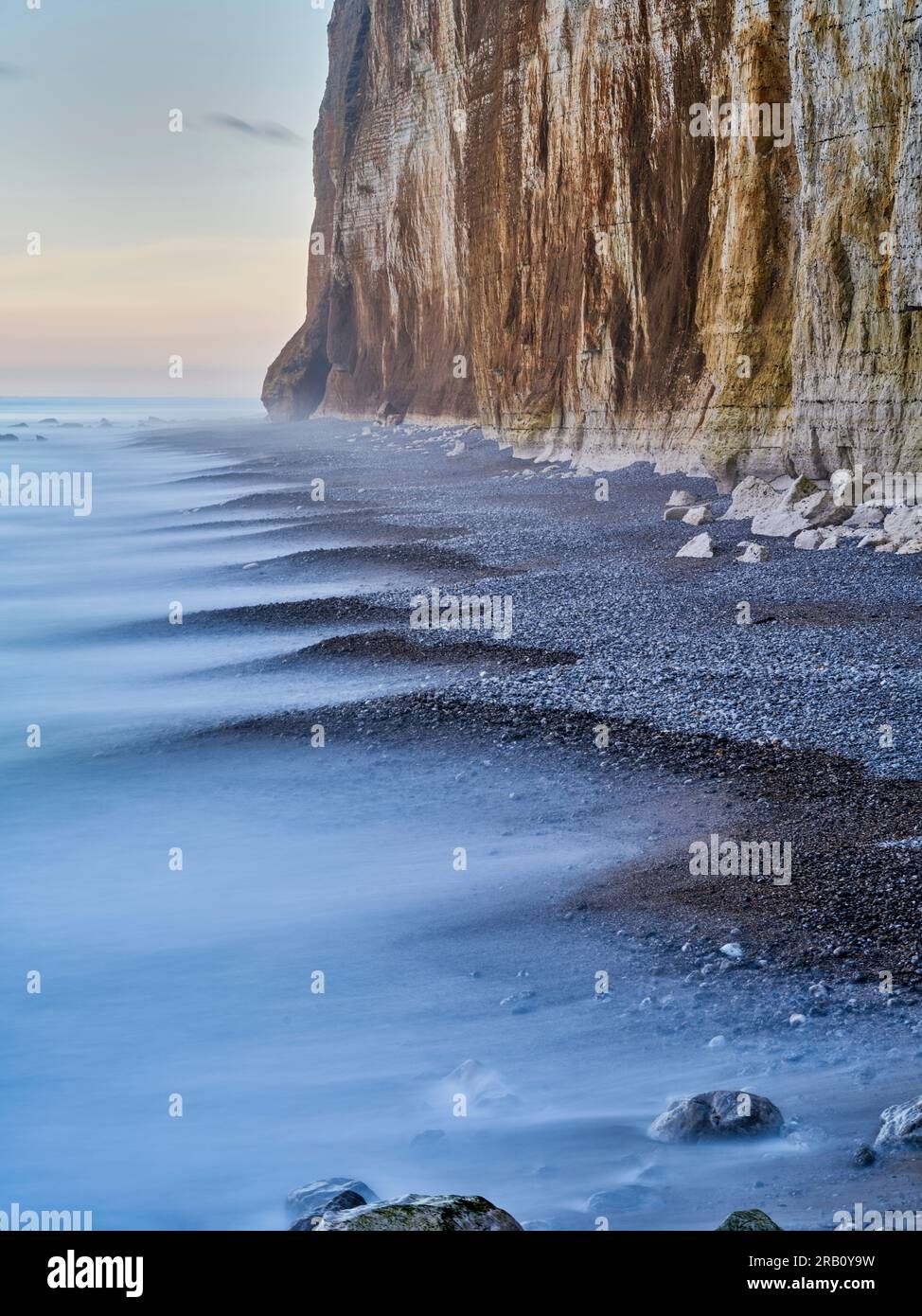 cliff, chalk coast, chalk cliffs, worth seeing, sight, scenic beauty scenic place, impressionism, beach, stone, stony beach, cliff, chalk wall, surf, wave, water Stock Photo