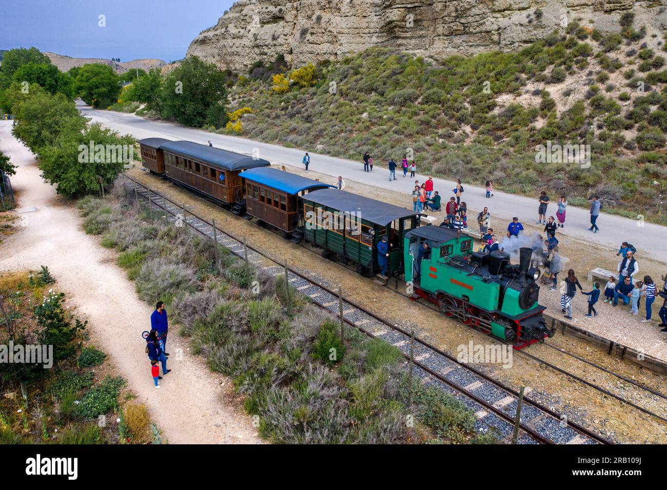 Aerial view, Laguna del Campillo stop, El Tren de Arganda train or Tren ...