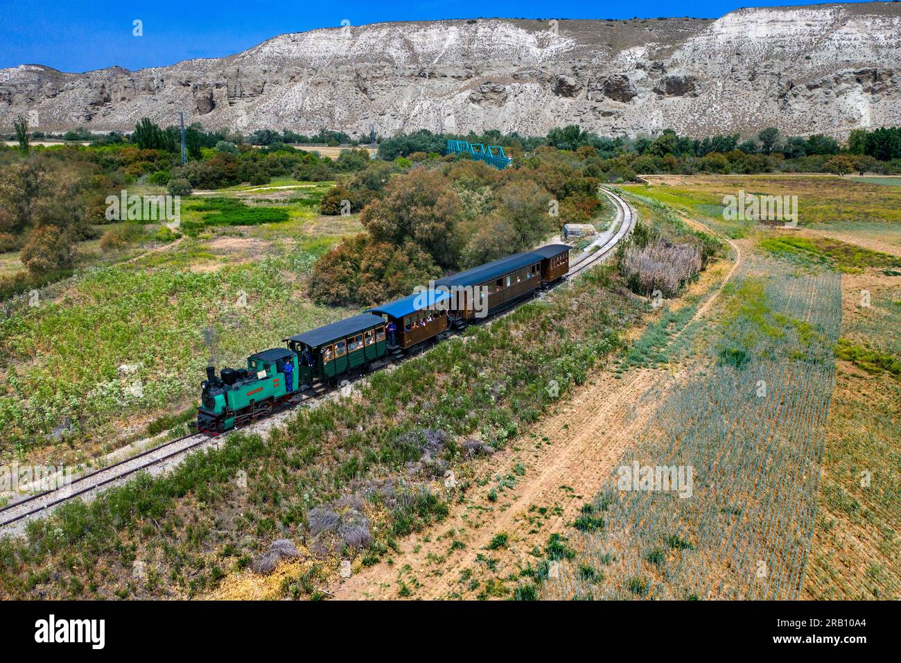 Aerial view, green bridge, puente verde, Jarama river, El Tren de Arganda train or Tren de la Poveda train in Rivas Vaciamadrid, Madrid, Spain.  In 19 Stock Photo