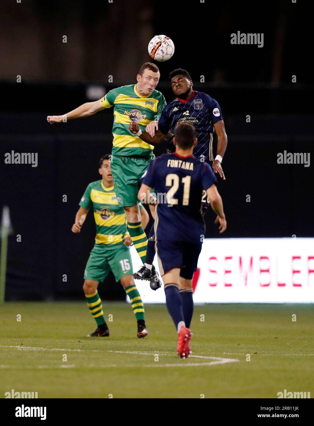 MARCH 24, 2018 - ST. PETERSBURG, FLORIDA: Tampa Bay Rowdies defender Neill Collins, left, during a match against the Bethlehem Steel at Al Lang Field. Collins was named the Head Coach at Barnsley F.C. on July 6, 2023. Stock Photo