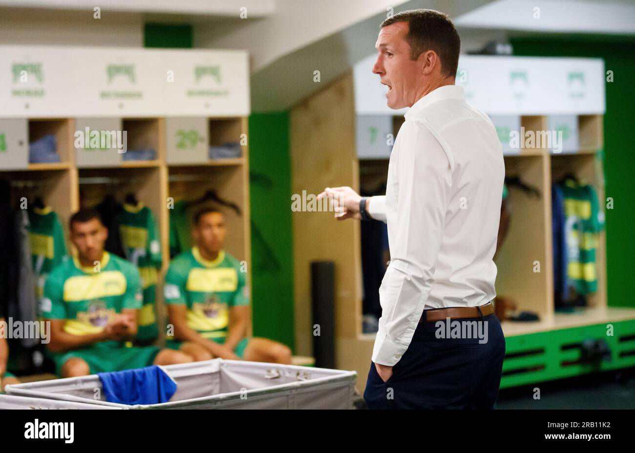 MARCH 16, 2019 - ST. PETERSBURG, FLORIDA: Tampa Bay Rowdies Head Coach Neill Collins addresses his team before a match versus Pittsburgh Riverhounds at Al Lang Stadium. Collins was named the Head Coach at Barnsley F.C. on July 6, 2023. Stock Photo