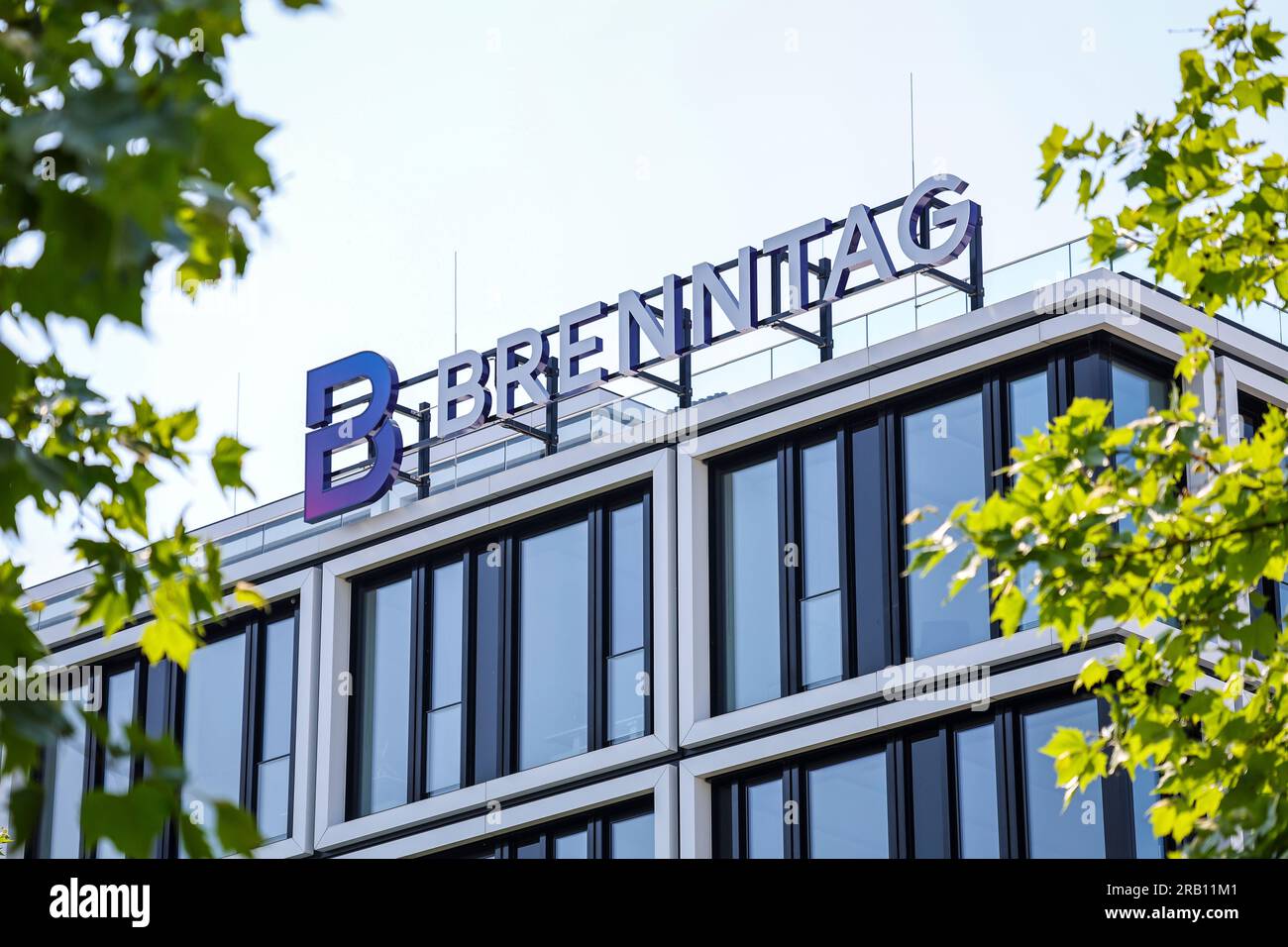 Essen, North Rhine-Westphalia, Germany - Brenntag, company logo on the facade of the Brenntag headquarters, The company is the world market leader in the distribution of chemicals and ingredients Stock Photo