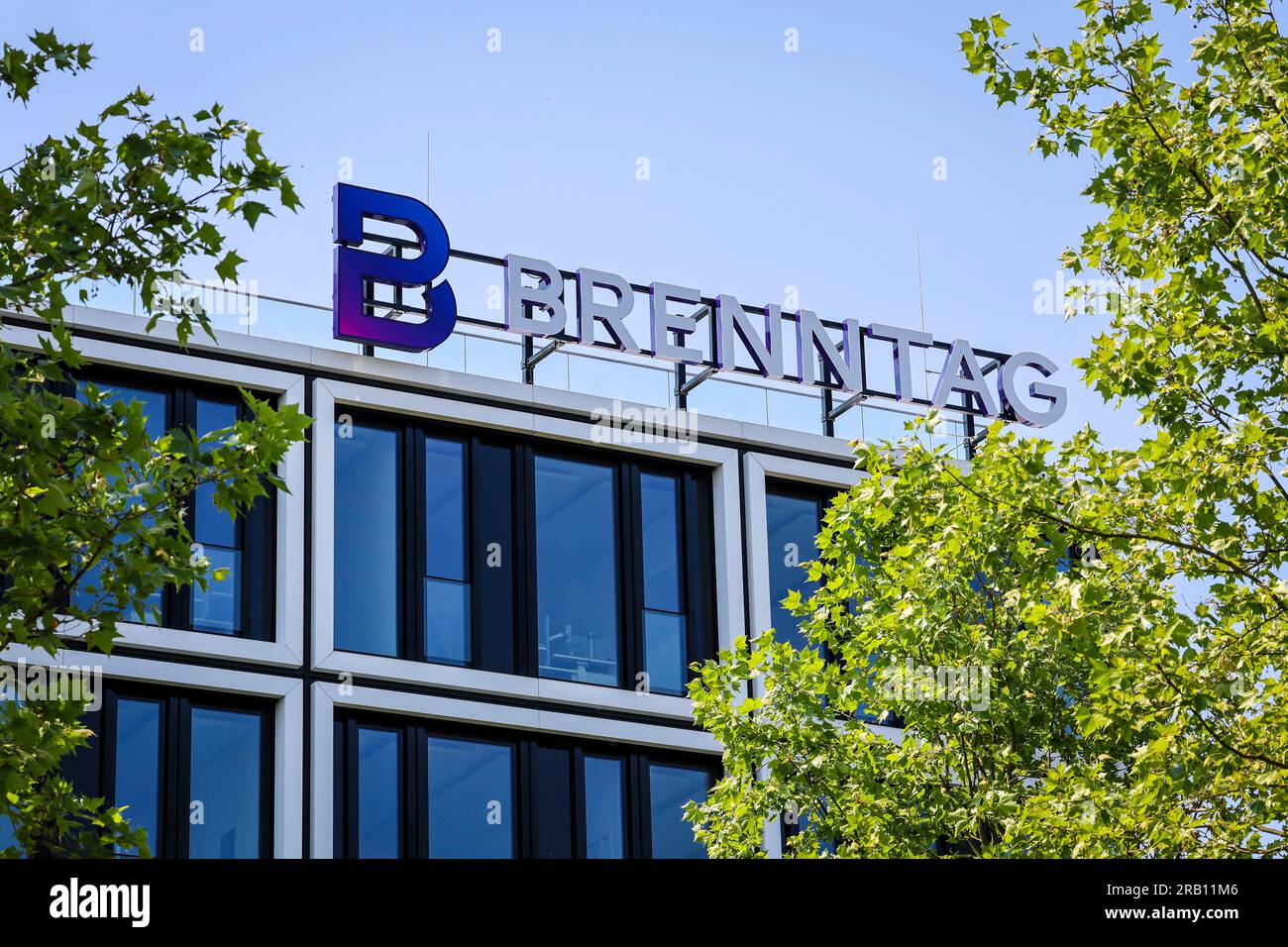 Essen, North Rhine-Westphalia, Germany - Brenntag, company logo on the facade of the Brenntag headquarters, The company is the world market leader in the distribution of chemicals and ingredients Stock Photo