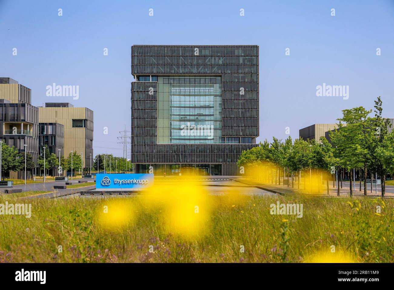 Essen, North Rhine-Westphalia, Germany - ThyssenKrupp, company logo in front of the headquarters. thyssenkrupp AG is an industrial group with a focus on steel processing and Germany's largest steel producer Stock Photo