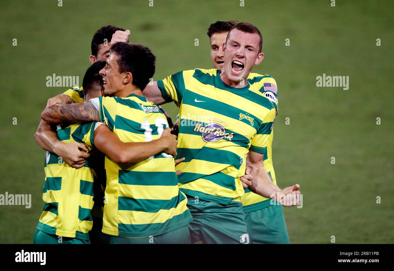 OCTOBER 21, 2017 - ST. PETERSBURG, FLORIDA: Neill Collins celebrates during the Tampa Bay Rowdies playoff match against FC Cincinnati at Al Lang Field. Collins was named the Head Coach at Barnsley F.C. on July 6, 2023. Stock Photo