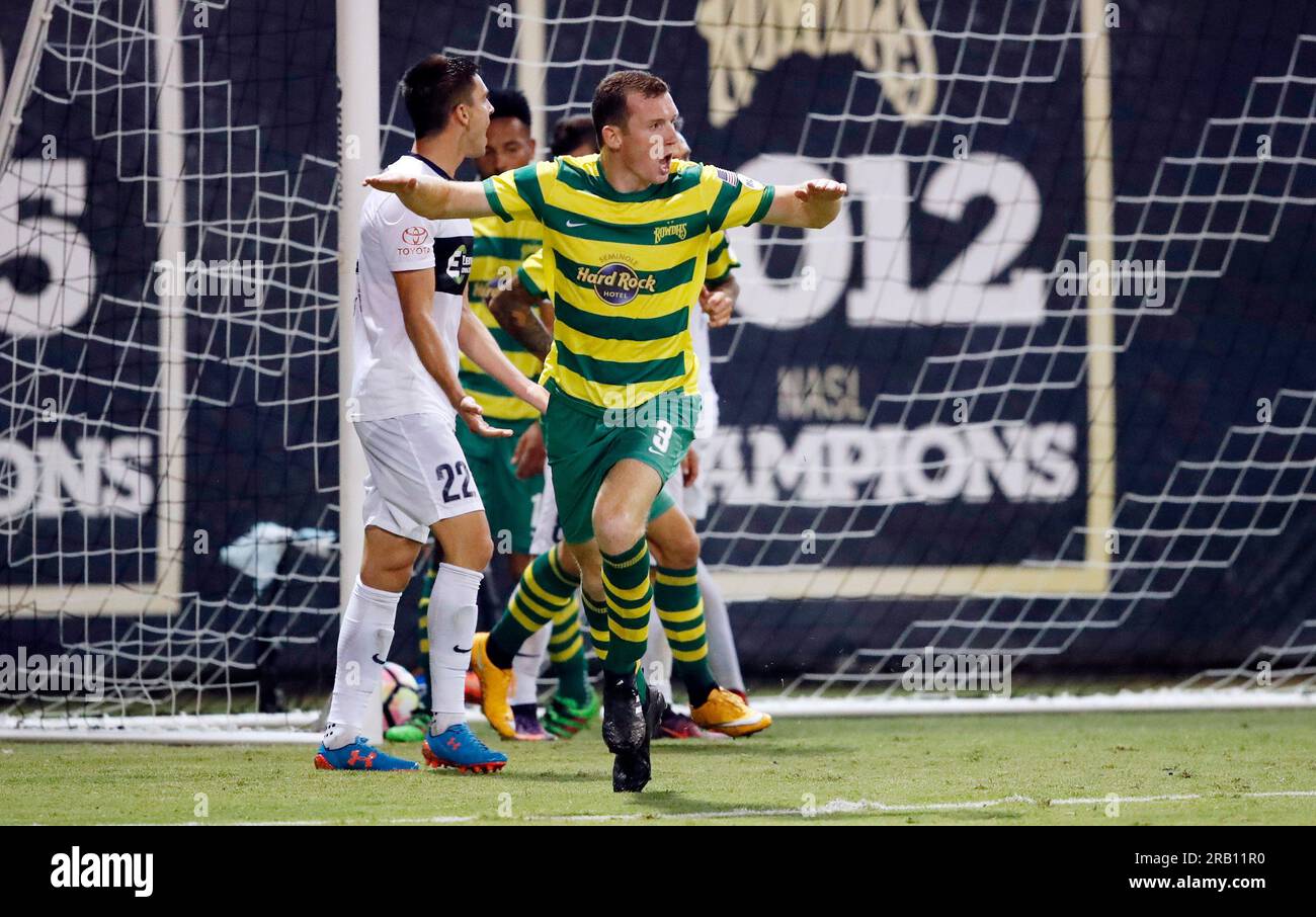 MAY 27, 2017 - ST. PETERSBURG, FLORIDA: Neill Collins celebrates after scoring a goal during the Tampa Bay Rowdies match against St. Louis FC at Al Lang Field. Stock Photo
