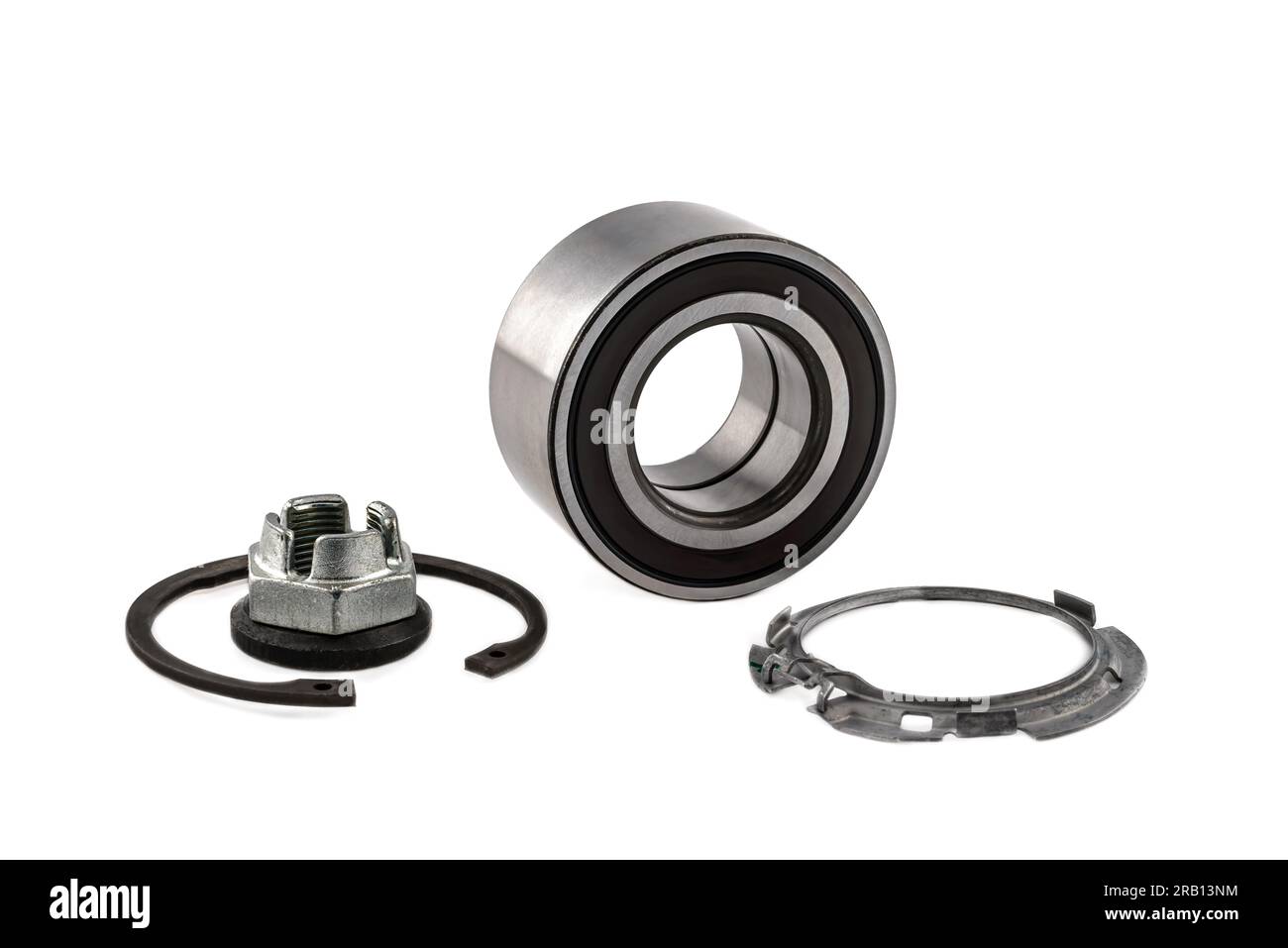 Set of auto parts on white background. New retaining ring, special nut