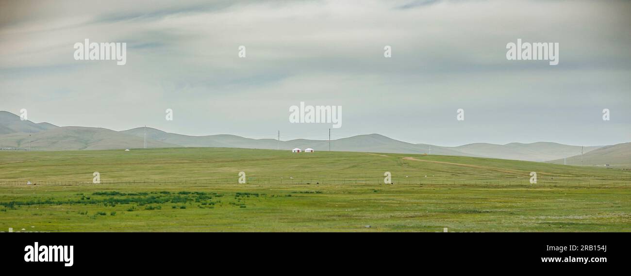 Nalaykh, Mongolei. 30th June, 2023. Two yurts stand in the steppe near ...