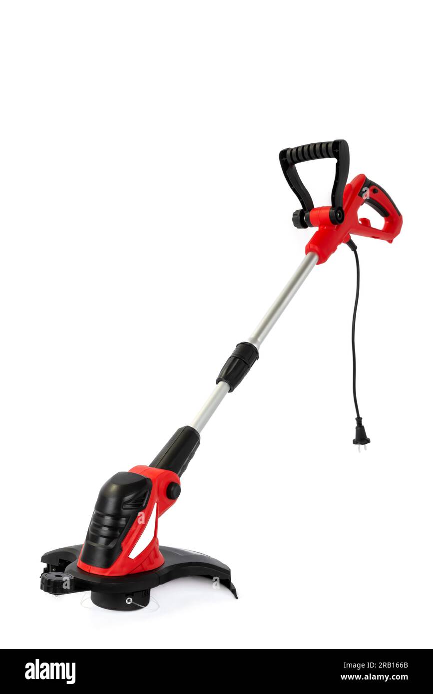 High power electric trimmer for mowing the grass isolated on the white background. Stock Photo