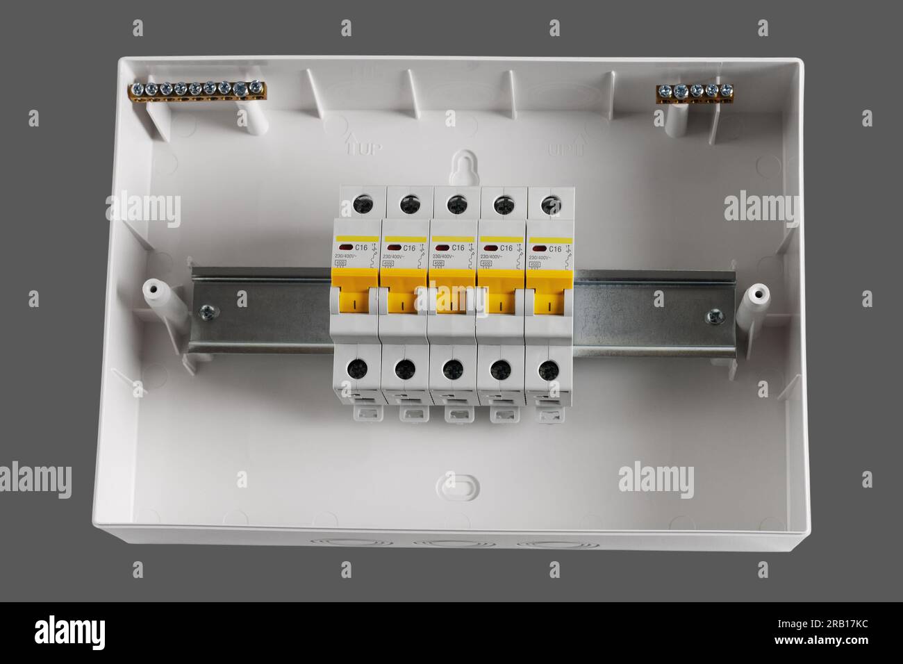 Plastic distribution board. Electrical board. Closeup. Isolated on