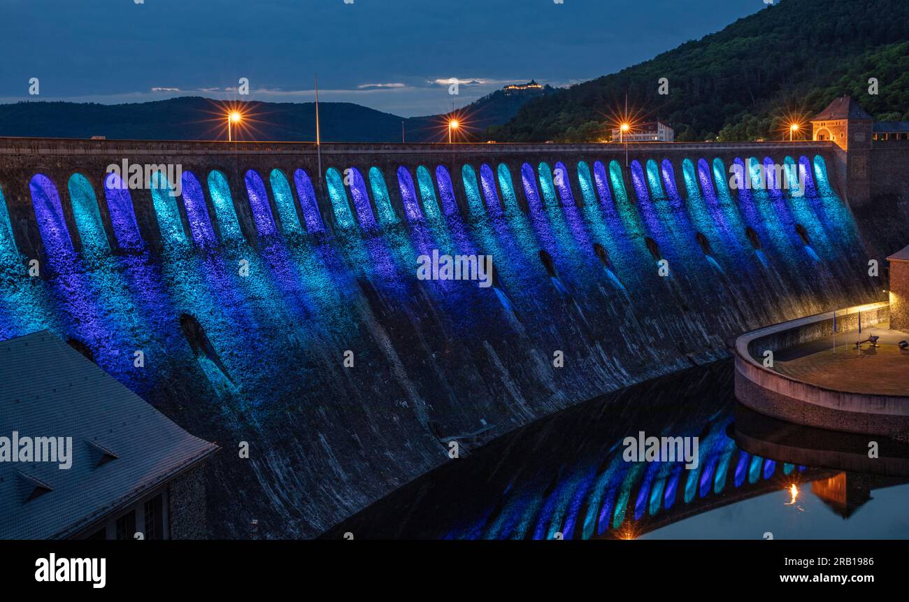 Germany, Hesse, Hemfurth, Edersee dam / Eder dam, dam wall, lighting Stock Photo