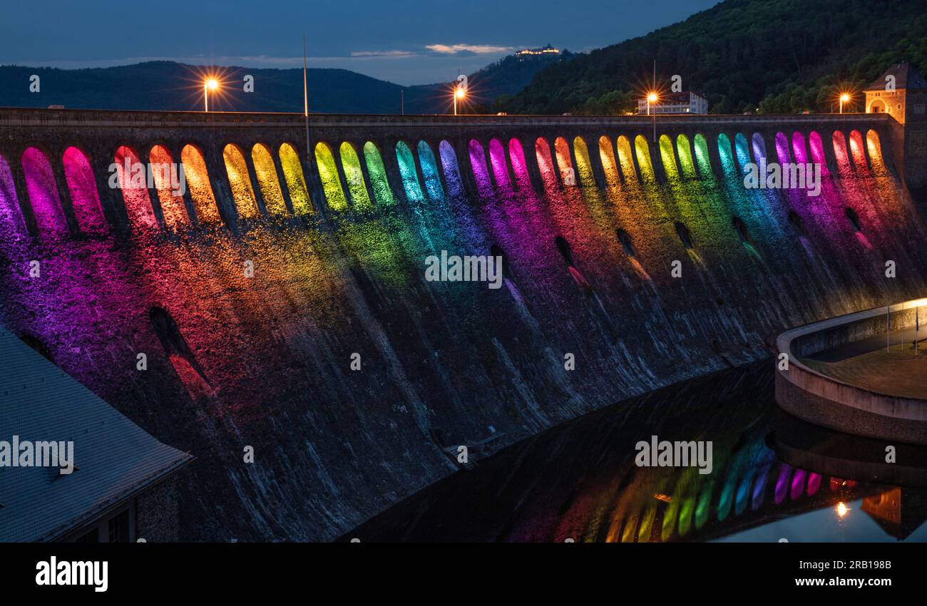 Germany, Hesse, Hemfurth, Edersee dam / Eder dam, dam wall, lighting Stock Photo