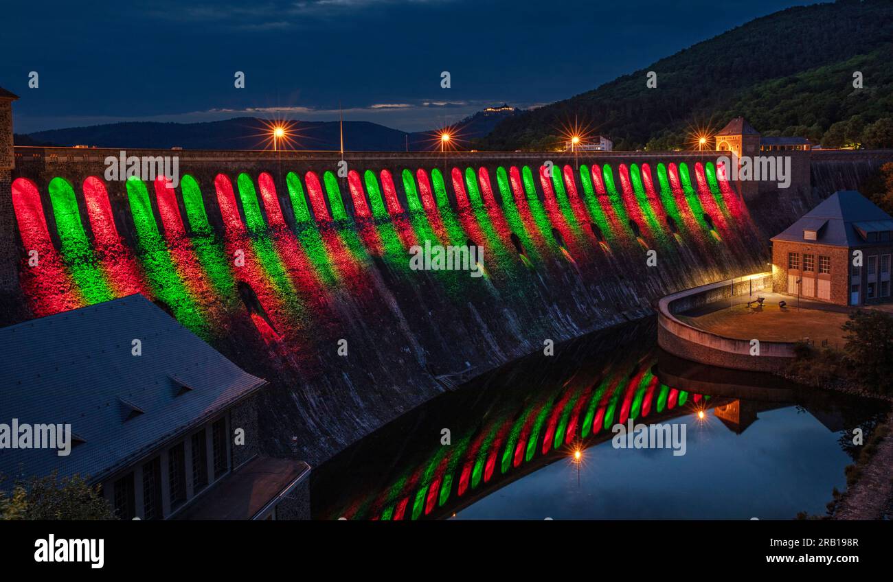 Germany, Hesse, Hemfurth, Edersee dam / Eder dam, dam wall, lighting Stock Photo