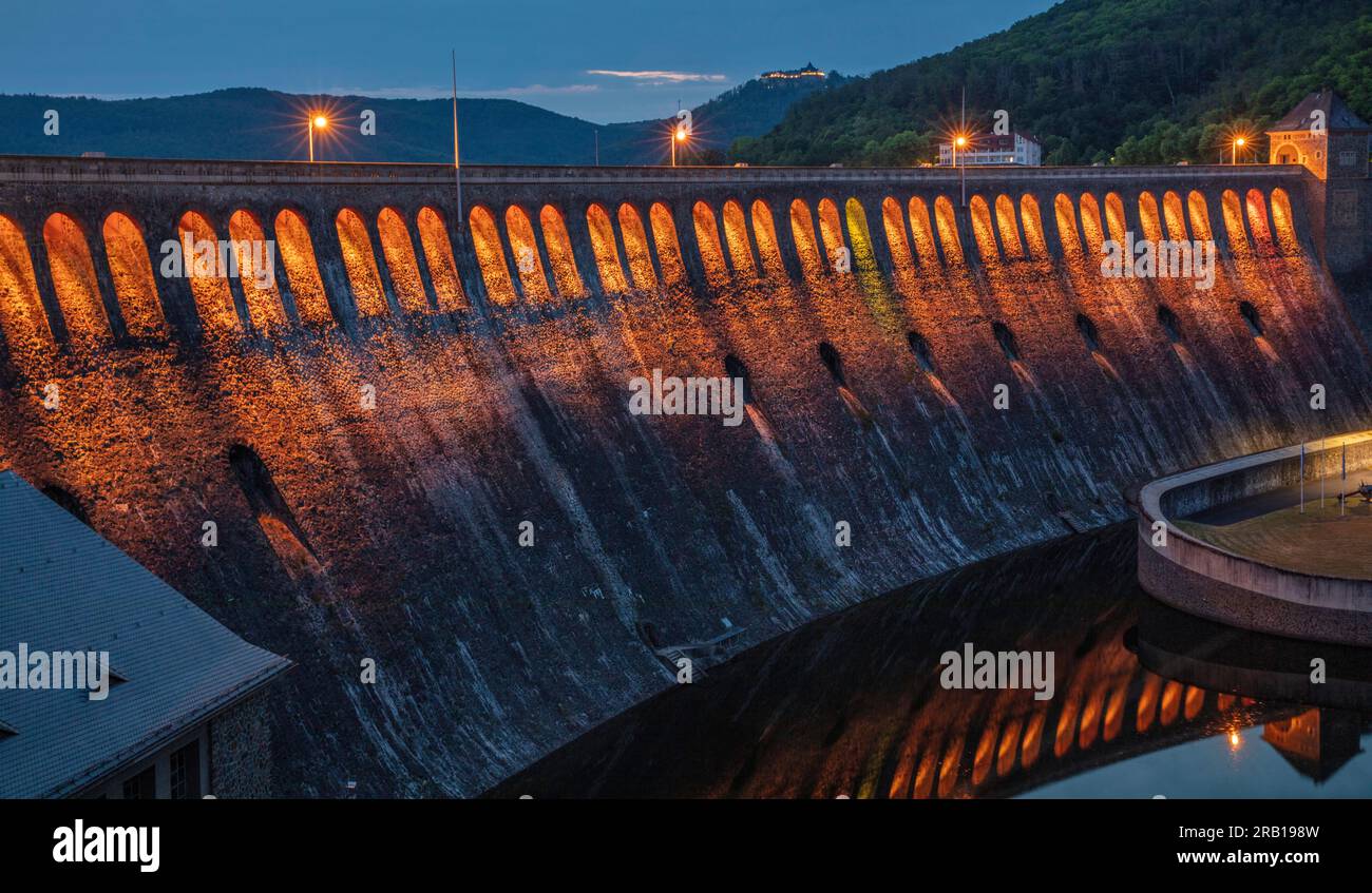 Germany, Hesse, Hemfurth, Edersee dam / Eder dam, dam wall, lighting Stock Photo