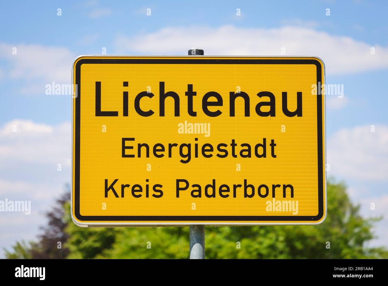 Lichtenau, North Rhine-Westphalia, Germany - Town entrance sign Lichtenau Energiestadt Krei Paderborn. The wind farm is an important showcase project for climate protection in East Westphalia and for the energy town of Lichtenau. Stock Photo