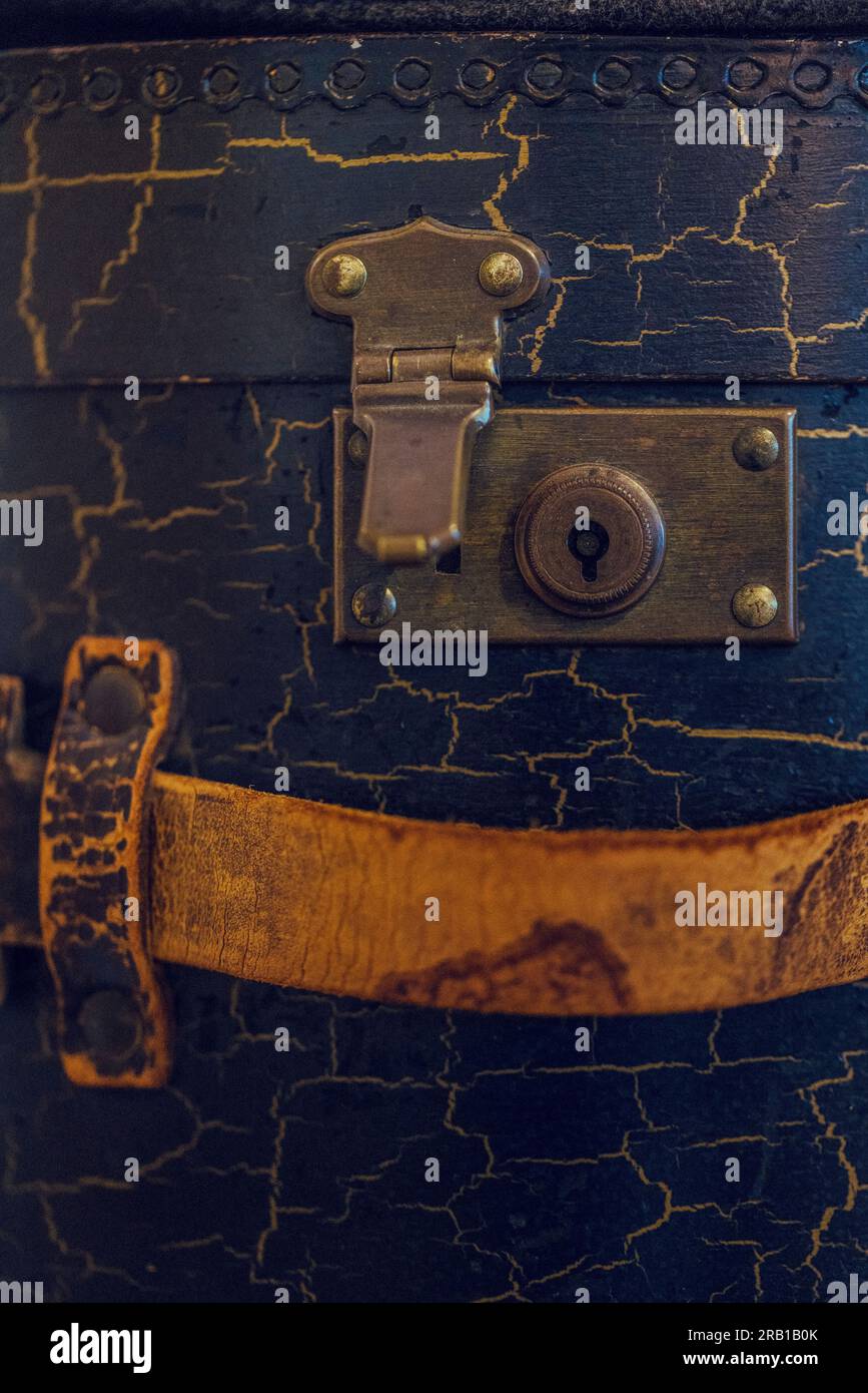 Closure of old leather suitcase, close-up Stock Photo