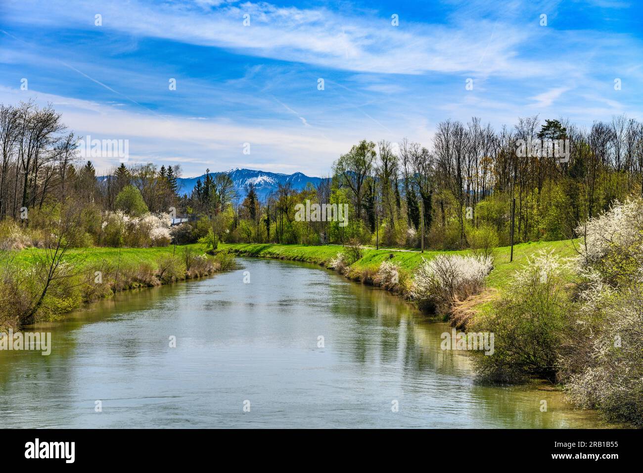 Germany, Bavaria, County Rosenheim, Bad Aibling, Mangfalltal, Triftbach against Hochries Stock Photo