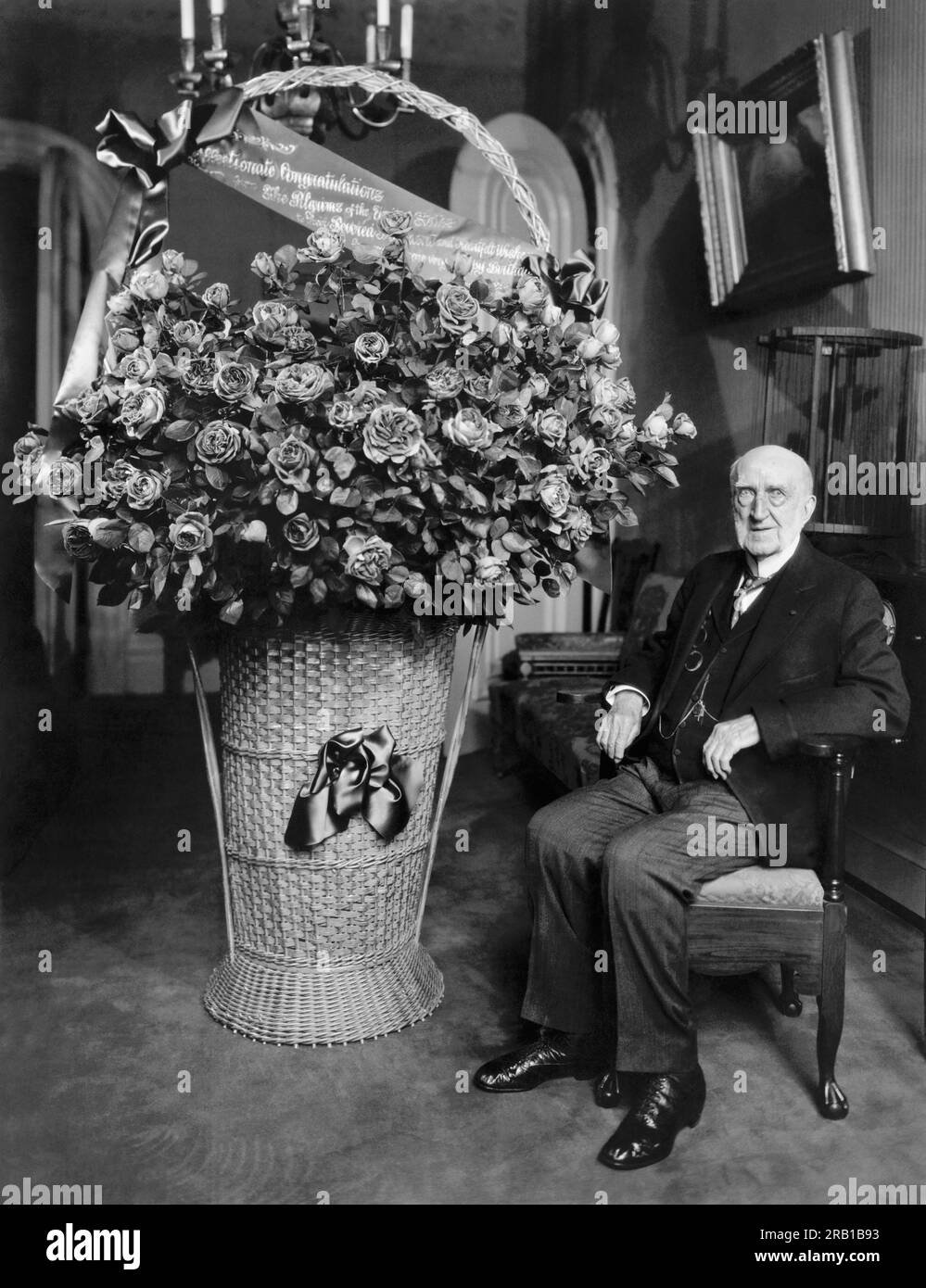 New York, New York:   April 23, 1926 Former Senator and railroad executive Chauncey Depew celebrates his 92nd birthday with a bouquet of flowers from his friends. Stock Photo