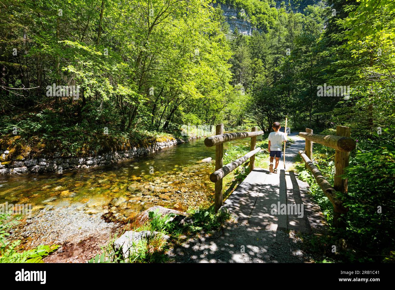 Learning to walk on the mountain paths in the Tovel valley. Europe, Italy, Trentino South Tyrol, Trento district, Ville d'Anaunia Stock Photo