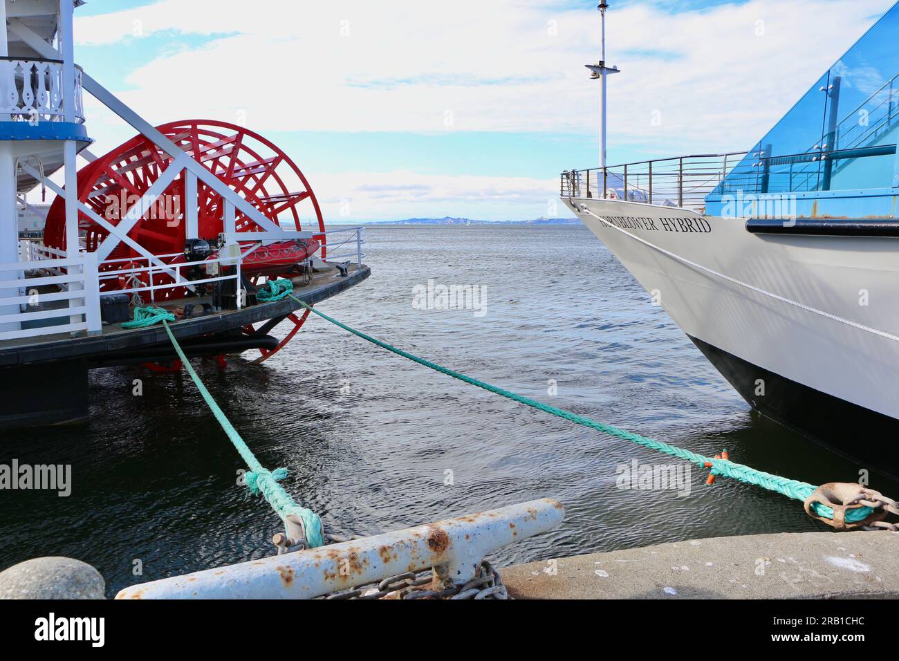 Old and new technology with the paddle wheel of the San Francisco Belle