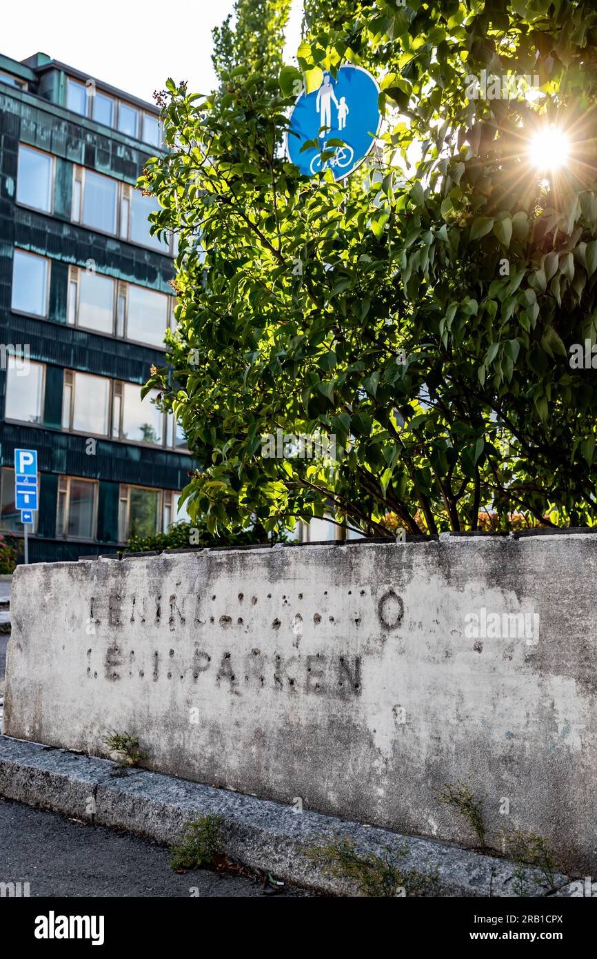 Remains of a dismantled sign at the main entrance to the Lenin Park in Helsinki. Stock Photo
