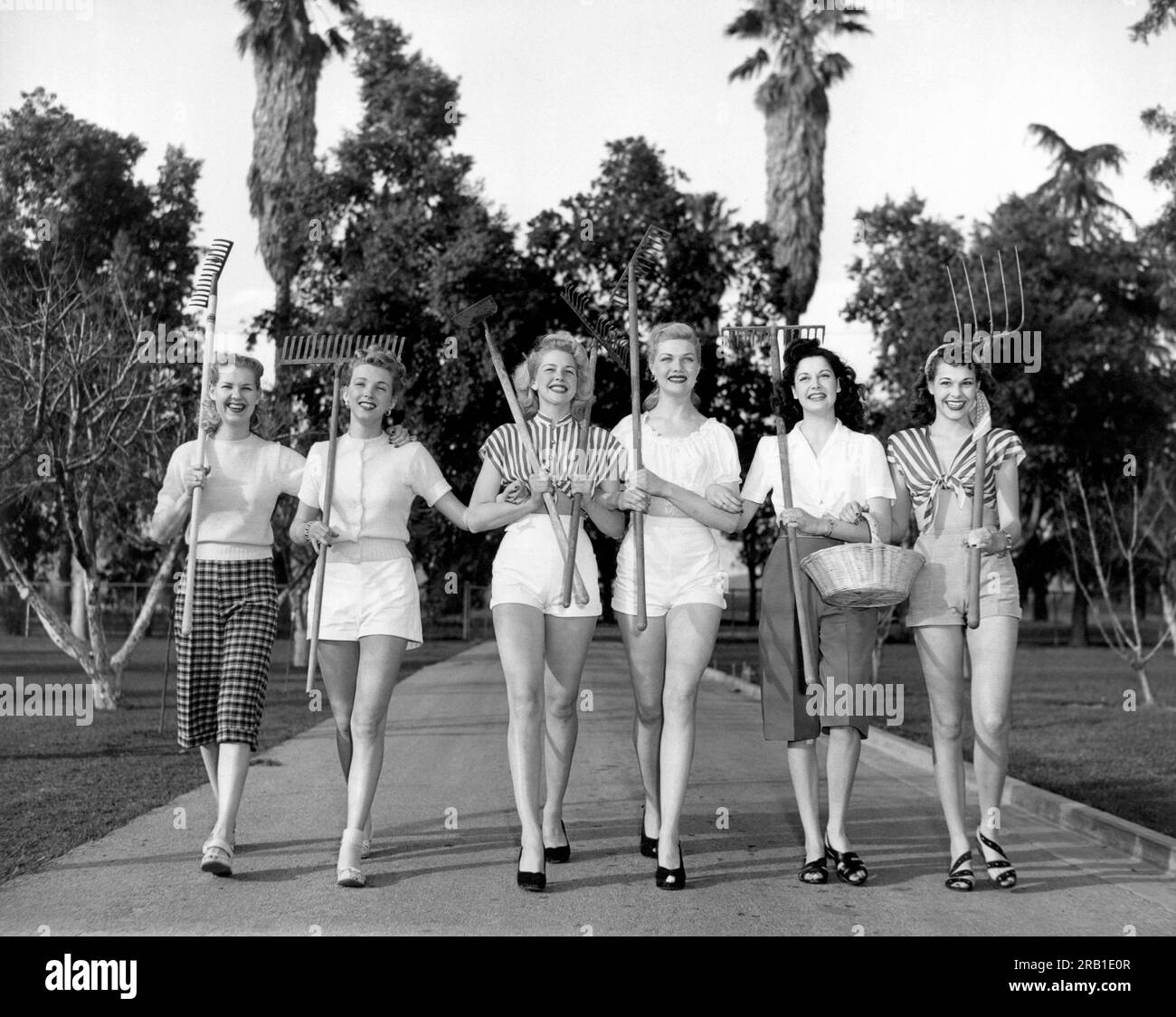 United States:  c. 1960 Six women walking on a pathway carrying gardening tools. Stock Photo