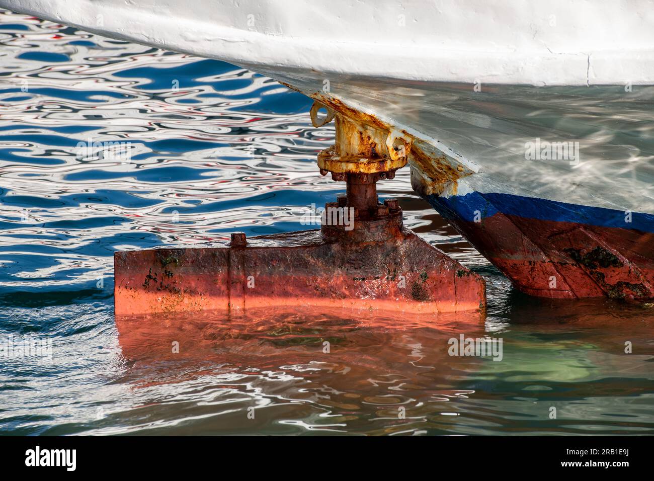 the rudder and keel of a rusty old boat, rudder mechanism of a ship or