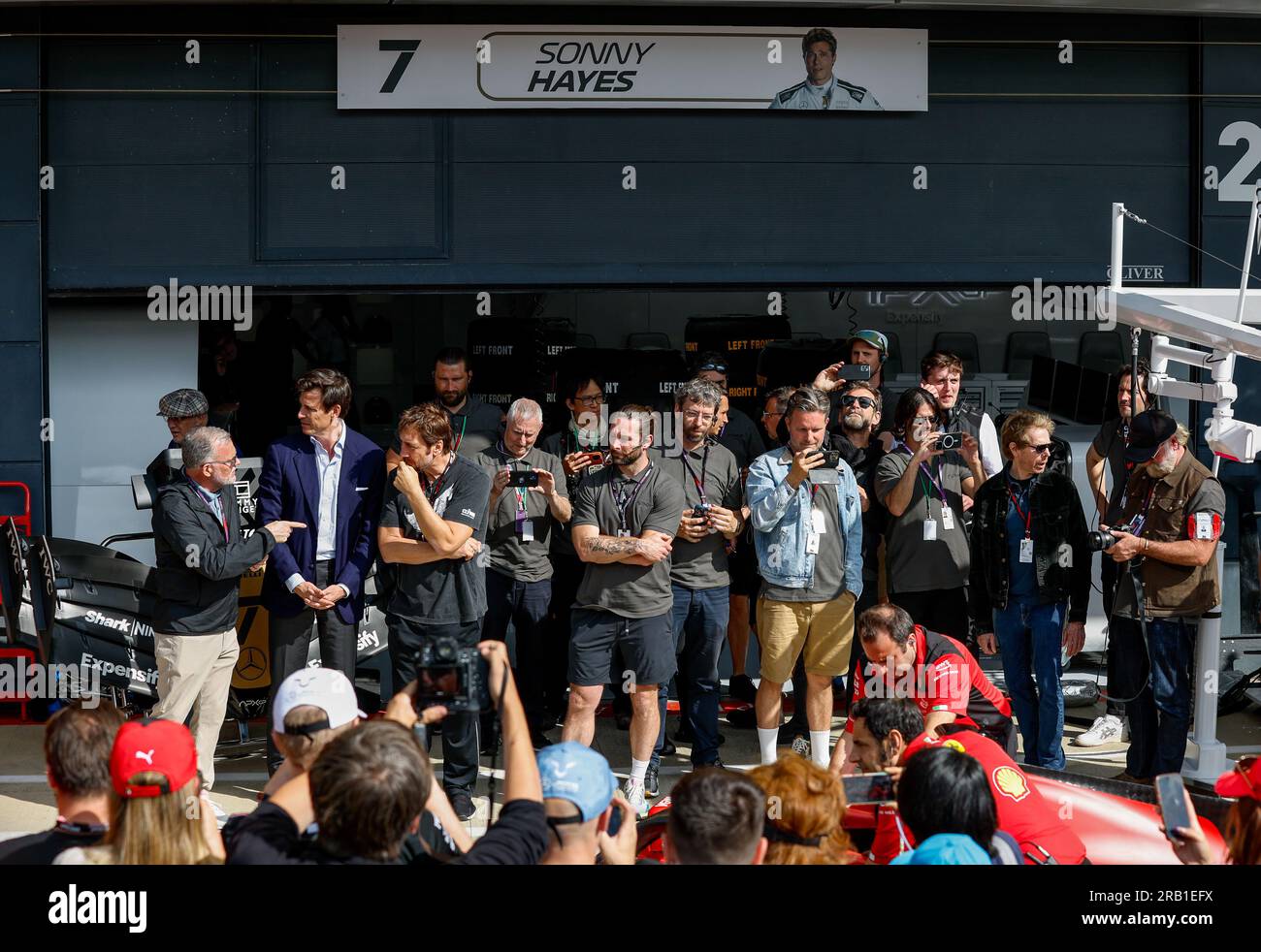 Silverstone, Royaume Uni. 06th July, 2023. WOLFF Toto (aut), Team Principal & CEO of Mercedes AMG F1 Team, portrait BARDEM Javier, Spanish actor, portrait OMAN Chad (USA), president of production for Jerry Bruckheimer Films, portrait BRUCKHEIMER Jerry (USA), Television and film producer for the F1 movie by Apple Studios/Bruckheimer Films, portrait during the 2023 Formula 1 Aramco British Grand Prix, 10th round of the 2023 Formula One World Championship from July 7 to 9, 2023 on the Silverstone Circuit, in Silverstone, United Kingdom - Photo DPPI Credit: DPPI Media/Alamy Live News Stock Photo