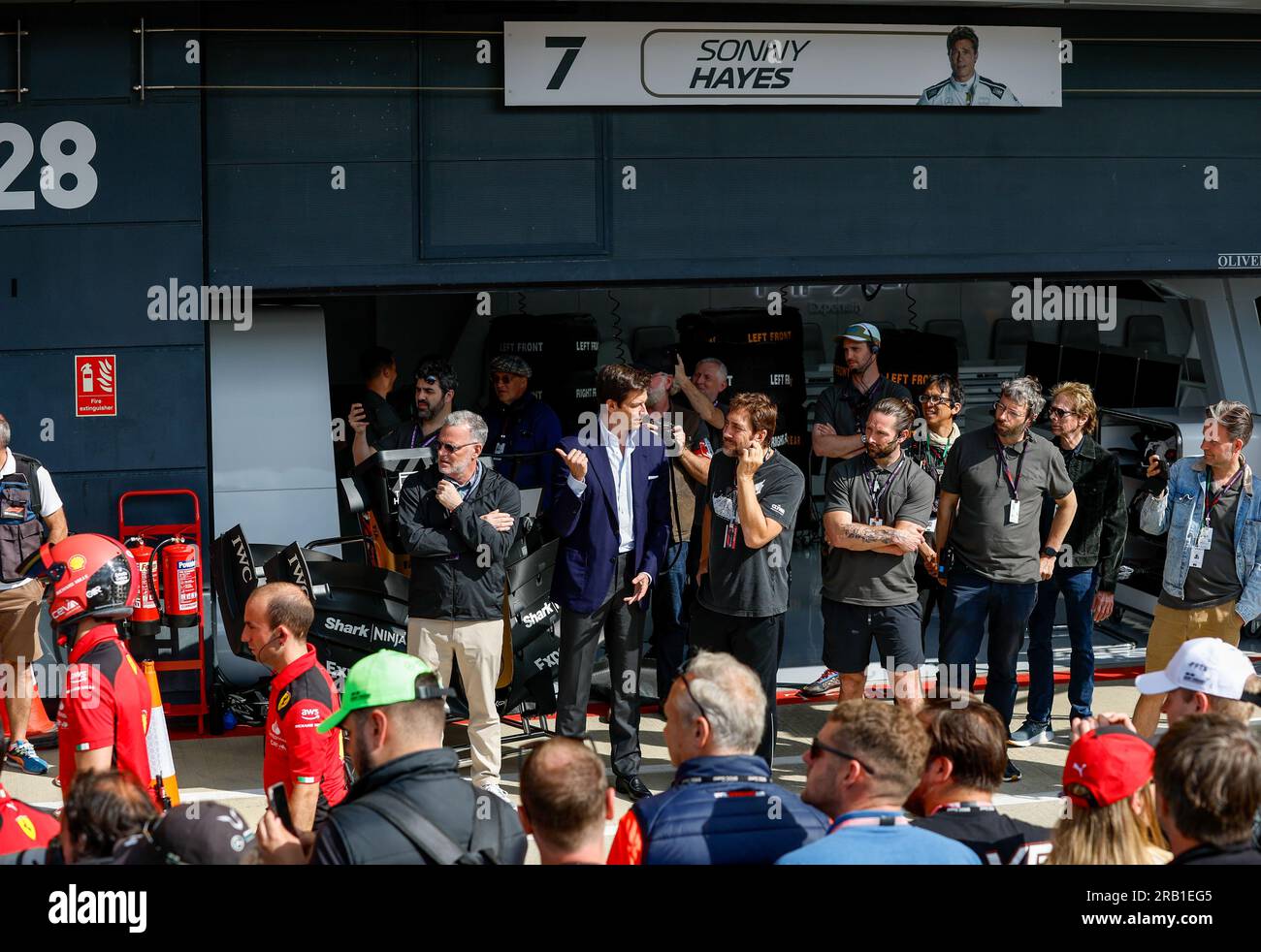 Silverstone, Royaume Uni. 06th July, 2023. WOLFF Toto (aut), Team Principal & CEO of Mercedes AMG F1 Team, portrait BARDEM Javier, Spanish actor, portrait OMAN Chad (USA), president of production for Jerry Bruckheimer Films, portrait BRUCKHEIMER Jerry (USA), Television and film producer for the F1 movie by Apple Studios/Bruckheimer Films, portrait during the 2023 Formula 1 Aramco British Grand Prix, 10th round of the 2023 Formula One World Championship from July 7 to 9, 2023 on the Silverstone Circuit, in Silverstone, United Kingdom - Photo DPPI Credit: DPPI Media/Alamy Live News Stock Photo