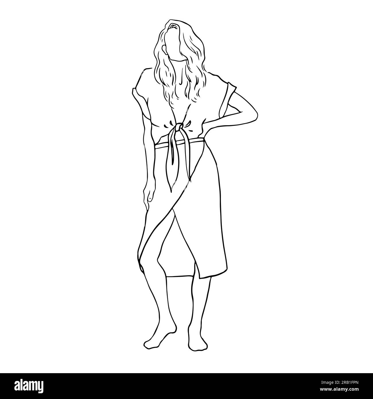 Summer fashion sketch vector art illustration. Line art drawing. Beautiful young girl in summer outfit . Stylized hand drawn ink painting. Stock Vector