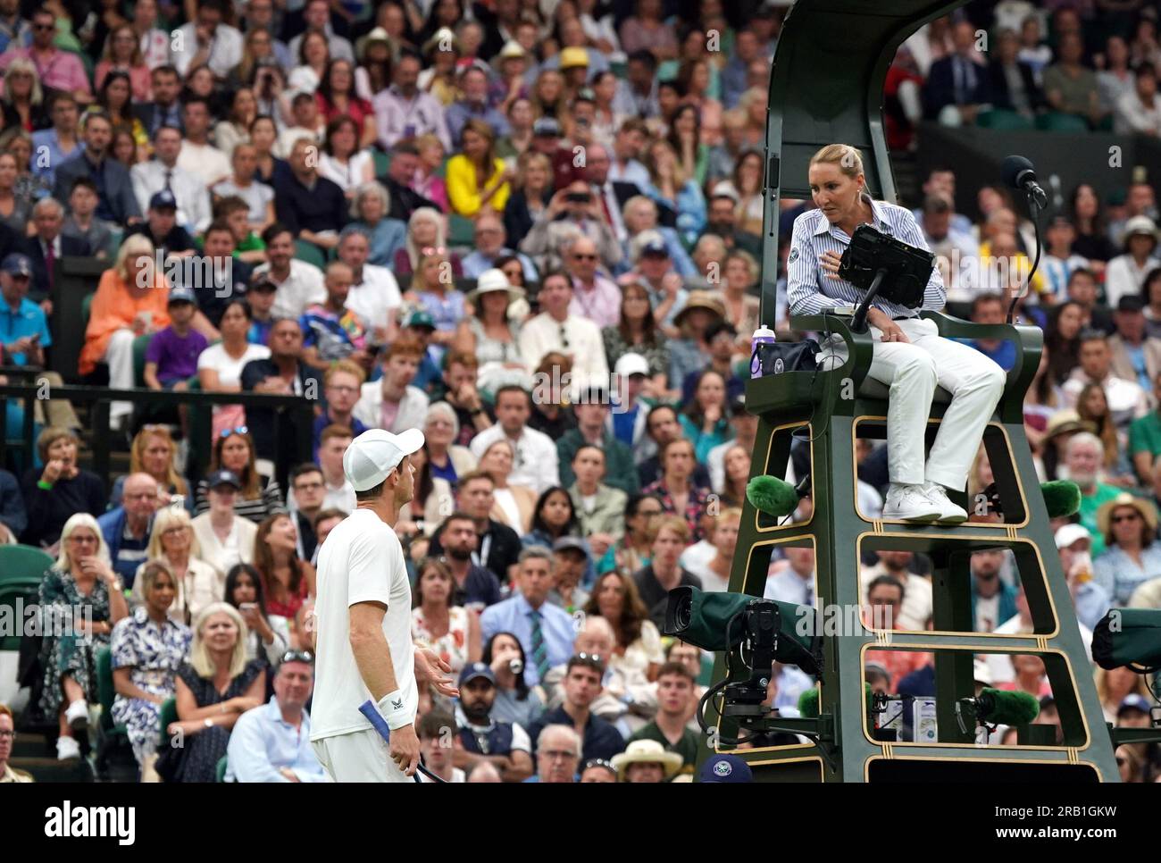 Andy Murray speaking with the chair umpire Aurelie Tourte on day four