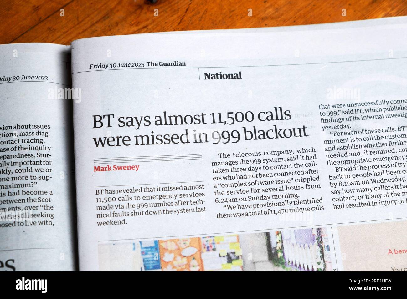 'BT says almost 11,500 calls were missed in 999 blackout' Guardian newspaper headline emergency number fault article 20 June 2023 London England UK Stock Photo