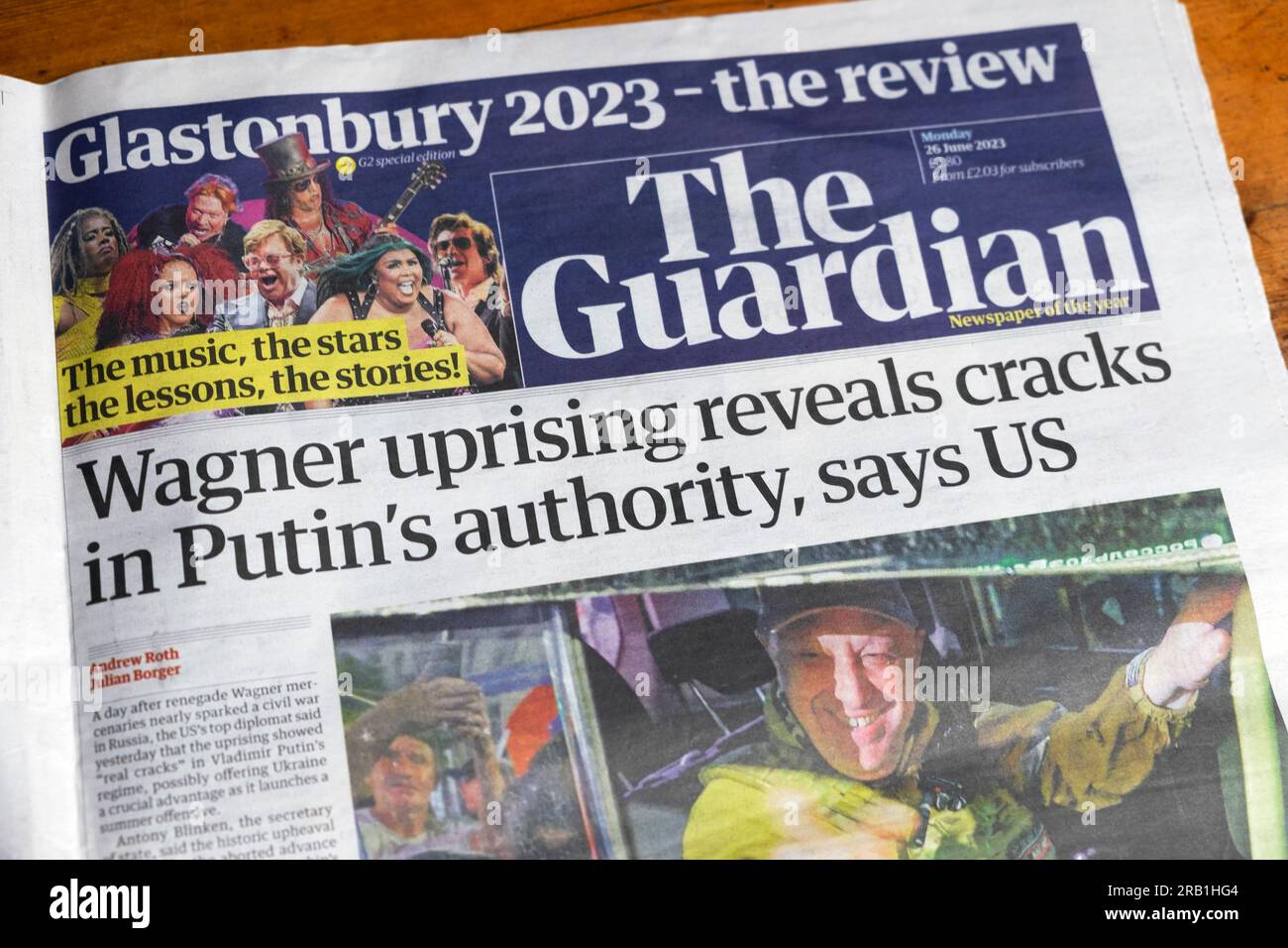 'Wagner uprising reveals cracks in Putin 's authority, says US' Guardian newspaper front page