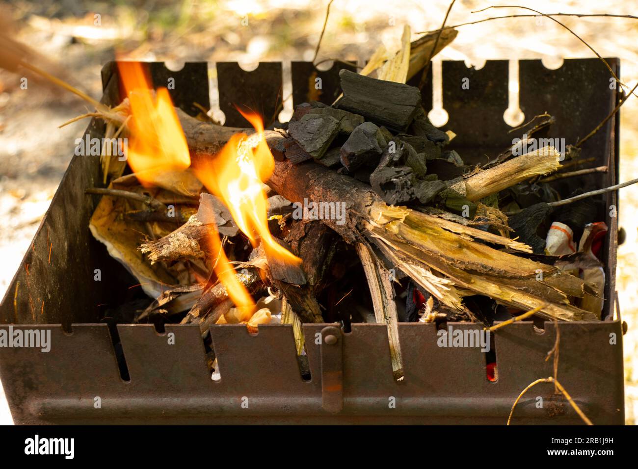 portable grill with firewood in the summer at a picnic in the forest in
