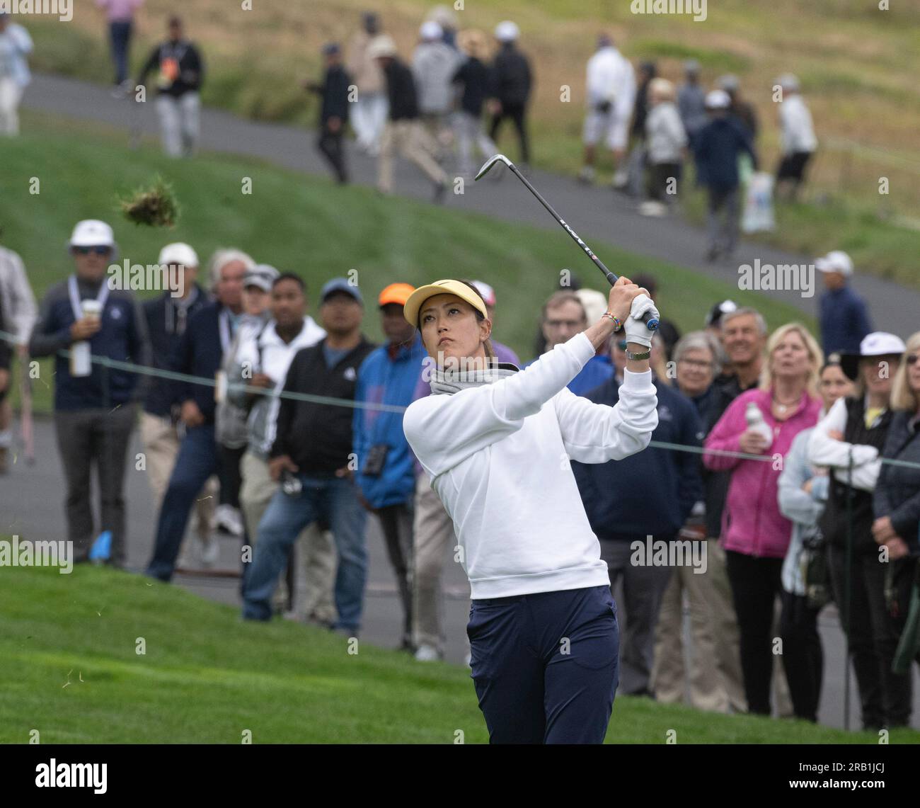 Pebble Beach, United States. 06th July, 2023. Michelle Wie watches her approach shot on the 14th in round one of the Women's U.S. Open in Pebble Beach, California on Thursday, July 6, 2023. Photo by Terry Schmitt/UPI Credit: UPI/Alamy Live News Stock Photo