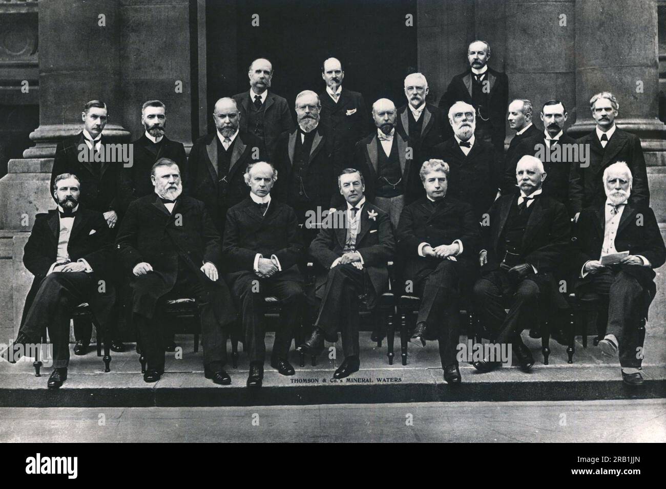 The 1902 Colonial Conference, Front row left-right: Sir Robert Bond (Premier of the Newfoundland Colony), Richard Seddon (Prime Minister of New Zealand), Sir Wilfrid Laurier (Prime Minister of Canada), Joseph Chamberlain (Secretary of State for the Colonies (Chairman)), Sir Edmund Barton (Prime Minister of Australia), Sir Albert Henry Hime (Prime Minister of Natal), Thomas Fuller (Agent-General for Cape Colony) Stock Photo
