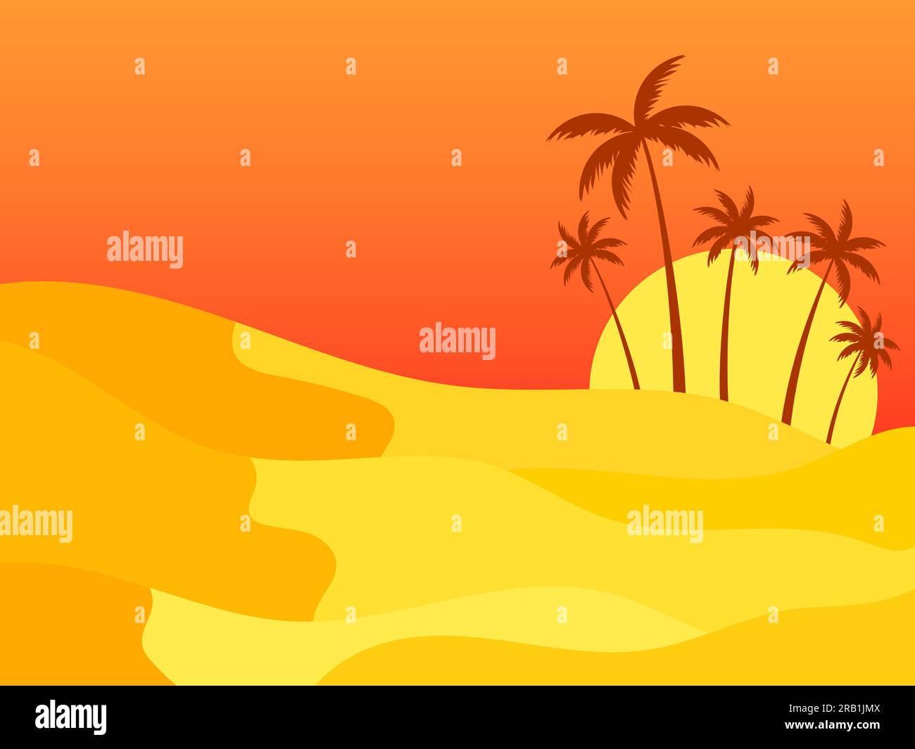 Desert landscape with palm trees and sand dunes. Sunrise in the desert ...