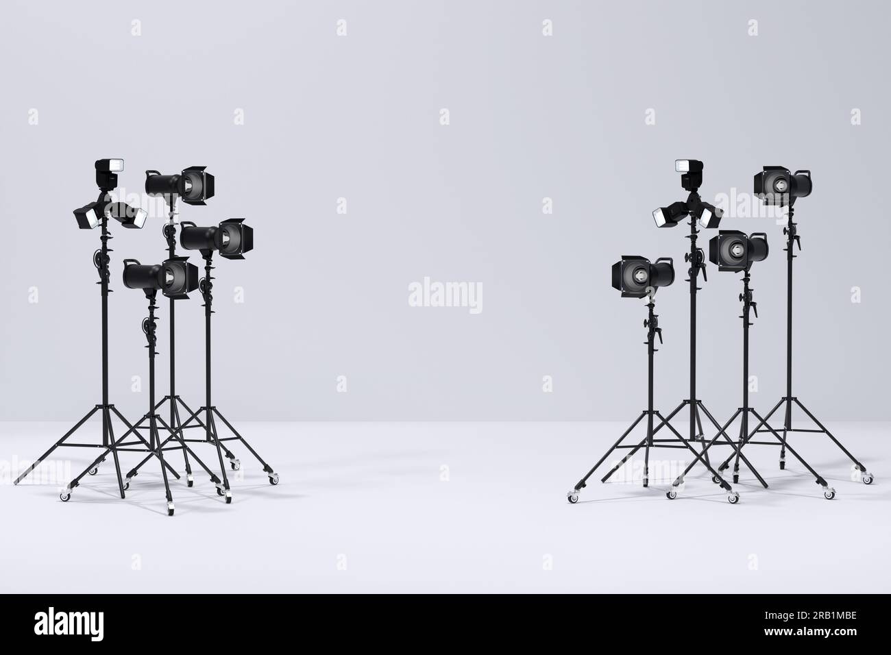 Photography studio flash on a lighting stand isolated on white ...