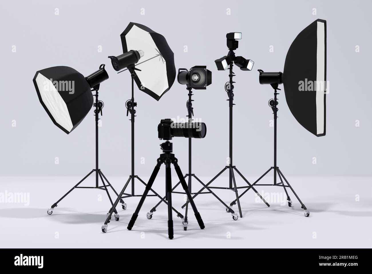 Photography studio flash on a lighting stand isolated on white ...
